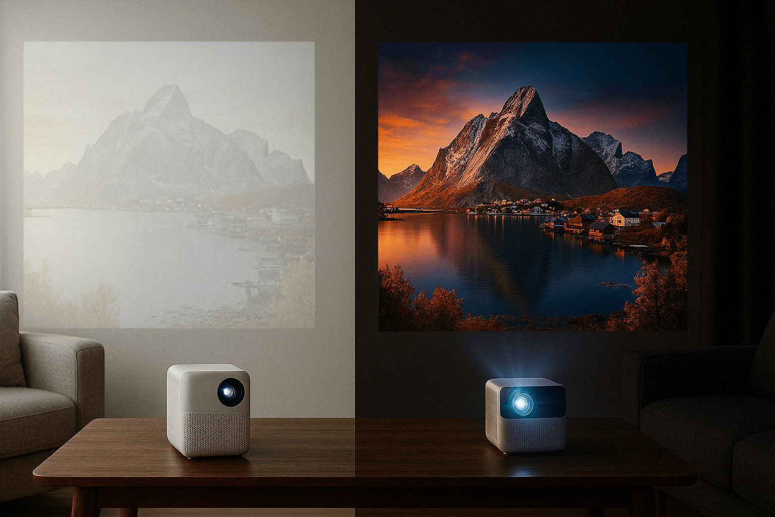Before and after comparison of projector image quality improvements, showing dramatic enhancement with proper setup